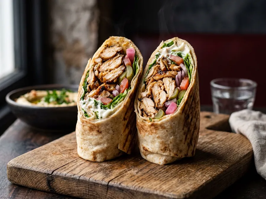 Chicken shawarma wrap sliced on a wooden board