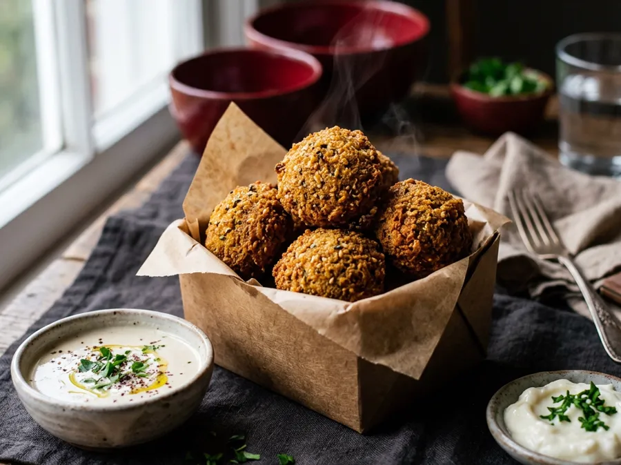 Falafel pieces with tahini sauce