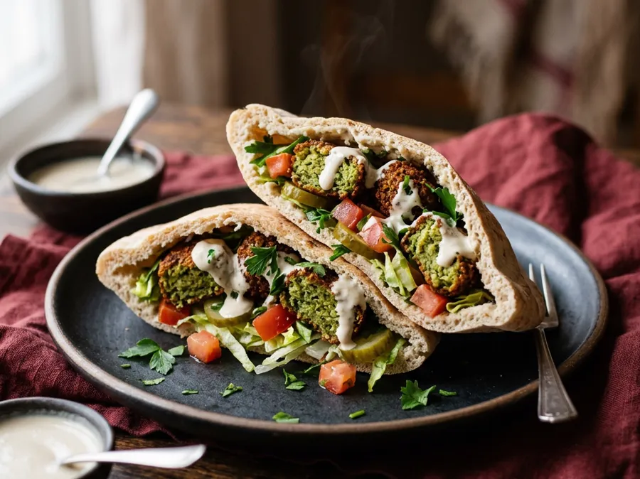 Falafel sandwich filled with vegetables and tahini