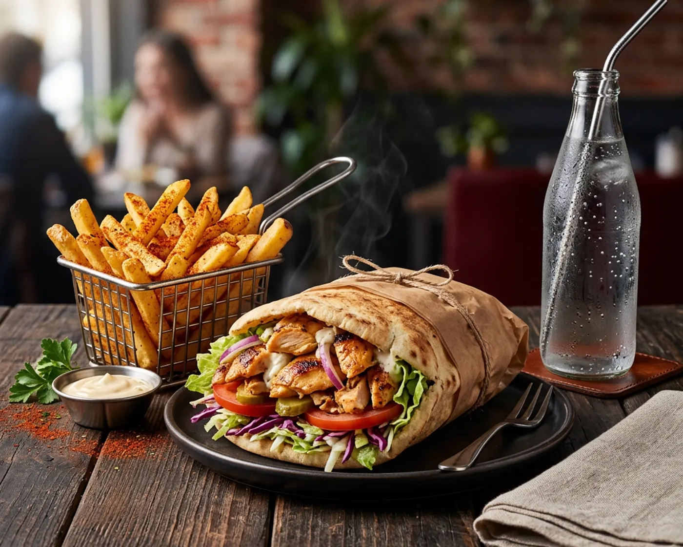 Shawarma plate loaded with chicken, hot fries, and sauces