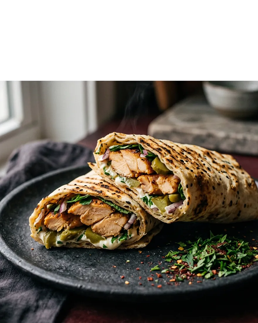 A platter of Middle Eastern shawarma with bright herbs and warm bread
